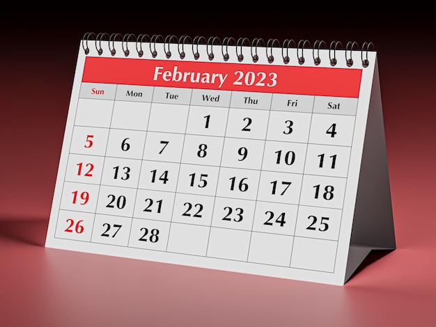 One page of the annual business desk monthly calendar Date month February 2023