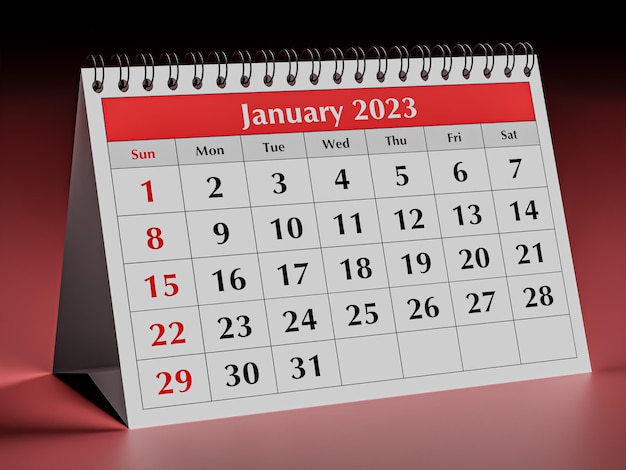 One page of the annual business desk monthly calendar Date month January 2023