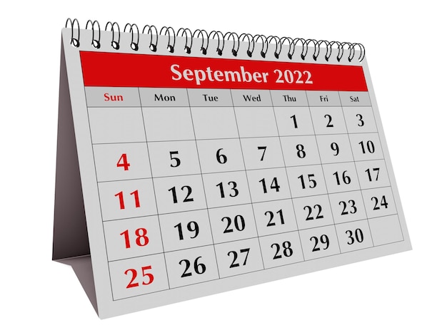 One page of the annual business desk monthly calendar Date month September 2022