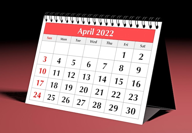 Одна страница годового делового ежемесячного календаря Дата месяц апрель 2022 3d рендеринг