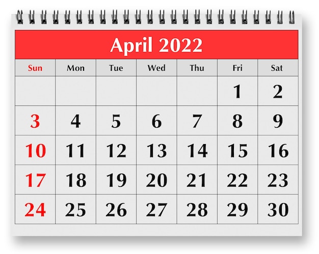 One page of the annual monthly calendar April 2022