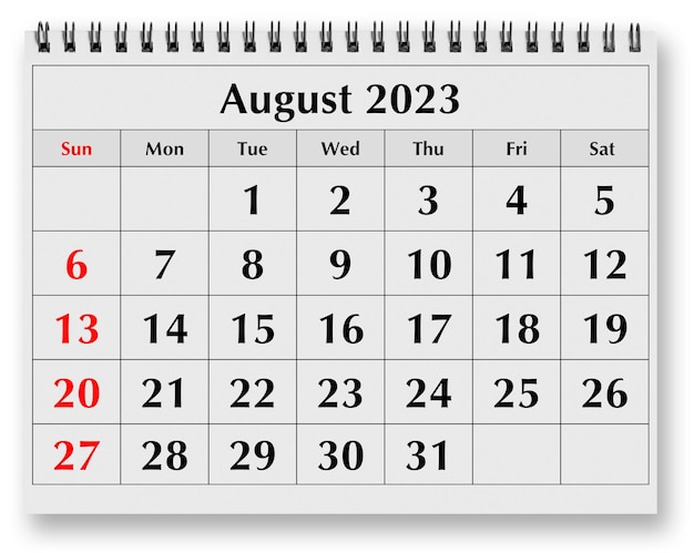 One page of the annual monthly calendar August 2023