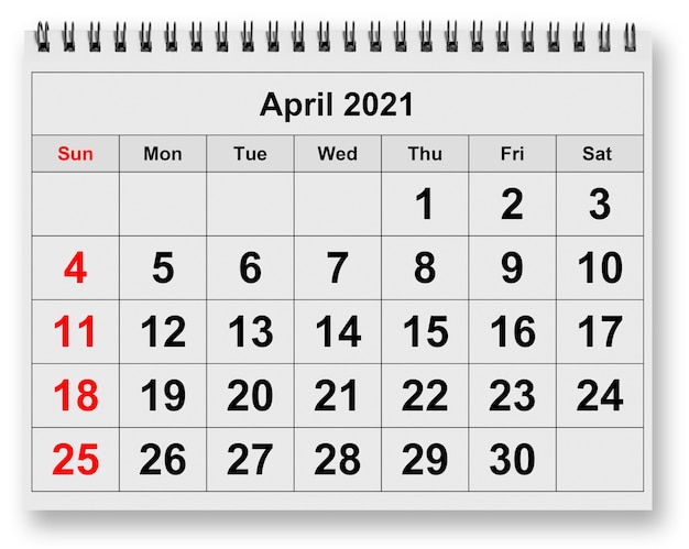 One page of the annual monthly calendar  month April 2021