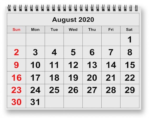 One page of the annual monthly calendar - month August 2020