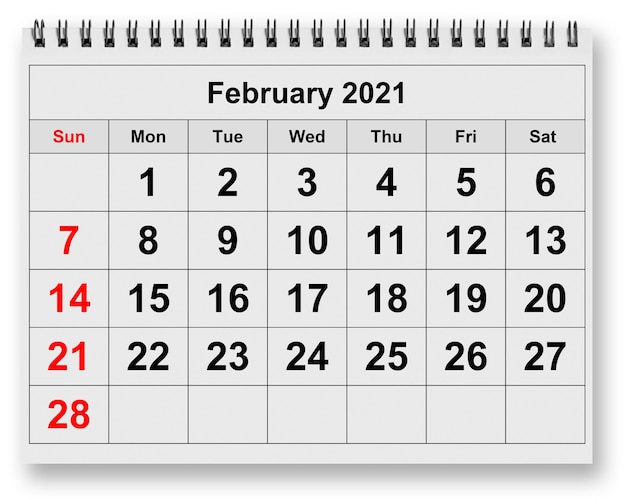 One page of the annual monthly calendar - month February 2021