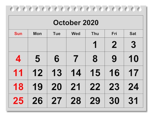 One page of the annual monthly calendar - month October 2020