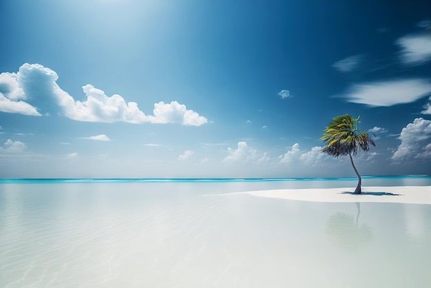 One palm on a empty white beach Idyllic tropical seascape Paradise beach Generative AI