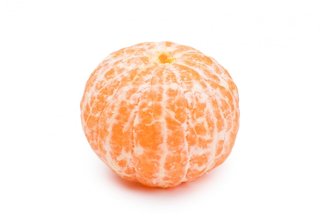 One peeled whole tangerine on white background. Mandarin.