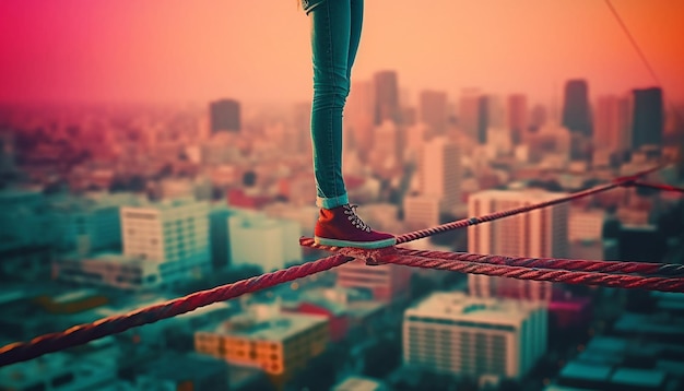 One person balances on tightrope conquering city skyline at sunset generated by AI