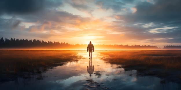 One person captivated by a mesmerizing sunrise over a tranquil marsh Concept Nature Photography Sunrise Captures Tranquil Landscape Inspirational Moments Outdoor Serenity