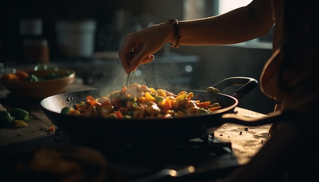 One person cooking a healthy vegetarian meal on a stove generated by AI