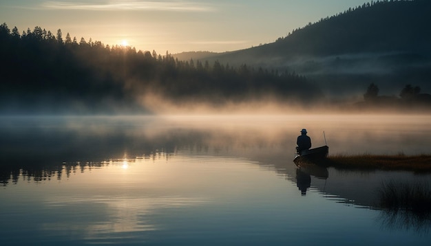 One person fishing in tranquil water surrounded by nature generated by AI