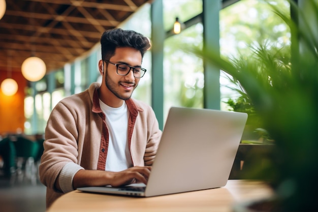 Photo one person happy success indian office laptop working technology males sitting smile white men businessman