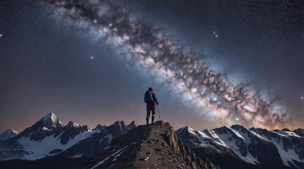 One person hiking mountain peak admiring milky way galaxy Generative AI