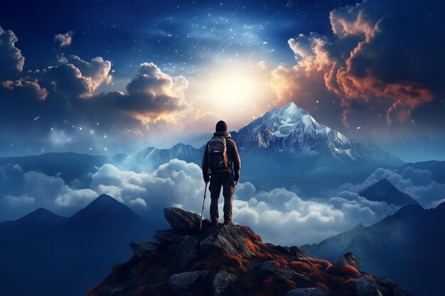 One person hiking mountain peak admiring Milky Way galaxy