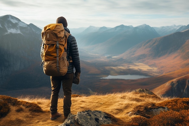 One person hiking outdoors backpack on exploring nature landscape