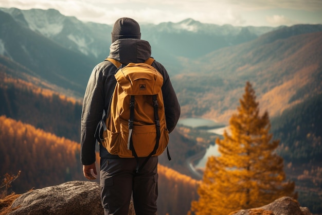 One person hiking outdoors backpack on exploring nature landscape