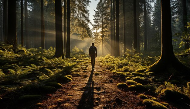 Foto una persona che cammina attraverso una foresta nebbiosa abbracciando la solitudine e il mistero generati dall'ai