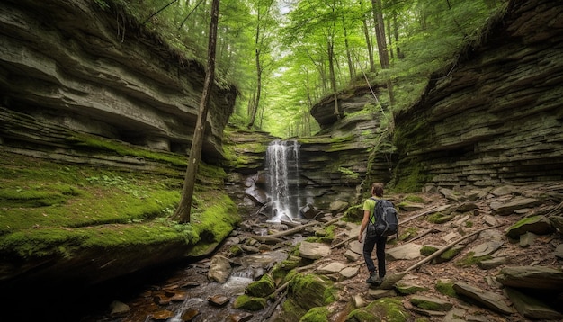 One person hiking through tranquil forest landscape generated by AI