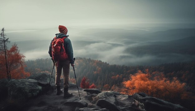 Фото Один человек путешествует с рюкзаком, наслаждаясь красотой природы в одиночестве, созданной искусственным интеллектом