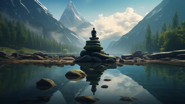 One person meditating standing on rock reflecting