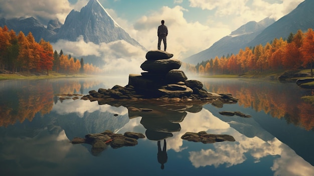 Foto una persona che medita in piedi sulla roccia che riflette