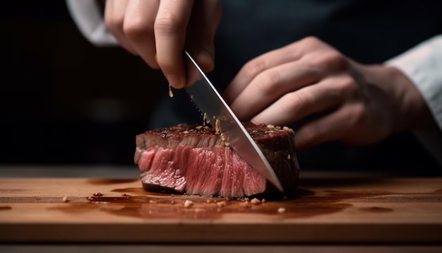 Photo one person preparing gourmet steak slicing fresh fillet for barbecue generated by ai