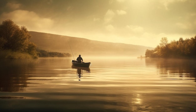 One person rowing a canoe at sunset enjoying tranquil nature generated by artificial intelligence