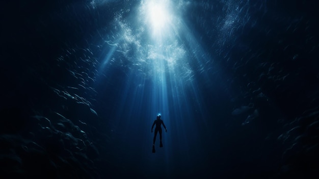 Photo one person silhouette diving into dark blue underwater