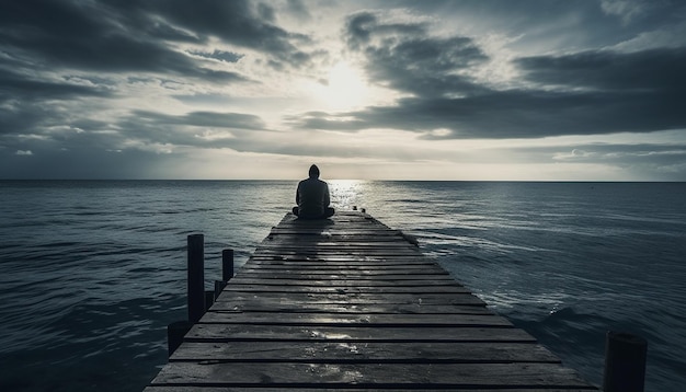 One person sitting on jetty enjoying tranquil sunset vacation generated by AI