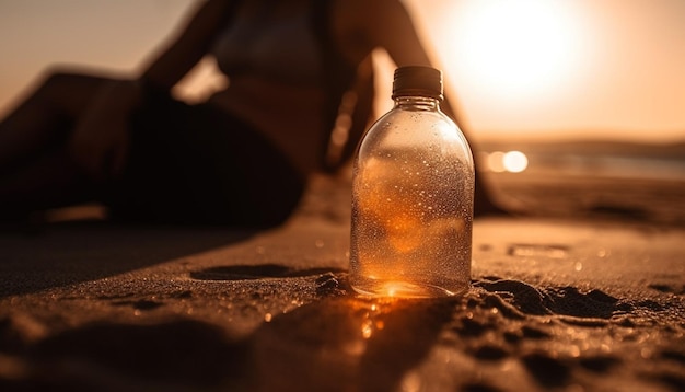 Foto una persona seduta sulla sabbia che beve acqua che si gode il tramonto generato dall'intelligenza artificiale