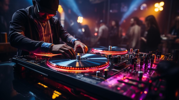 One person skillfully mixing music on illuminated turntable