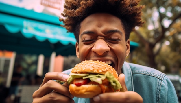 Photo one person smiling outdoors enjoying a hamburger unhealthy eating generated by artificial intelligence