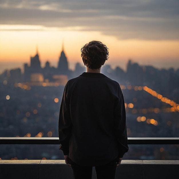 写真 夕暮れの街の景色を眺めながらバックライトで立っている1人