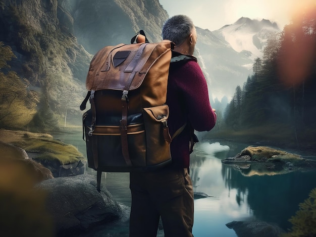 Фото Один человек, стоящий с рюкзаком, исследует красоту природы.