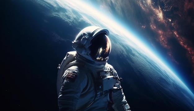 One person standing in blue space suit generated by AI