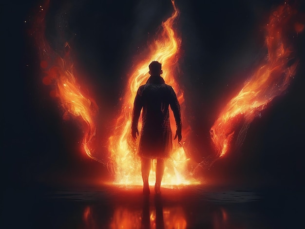 One person standing in the dark surrounded by glowing flames