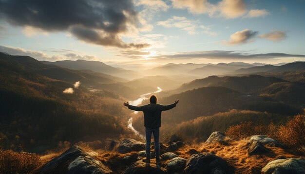 Una persona in piedi sulla vetta di una montagna che gode della libertà e del successo generati dall'ia