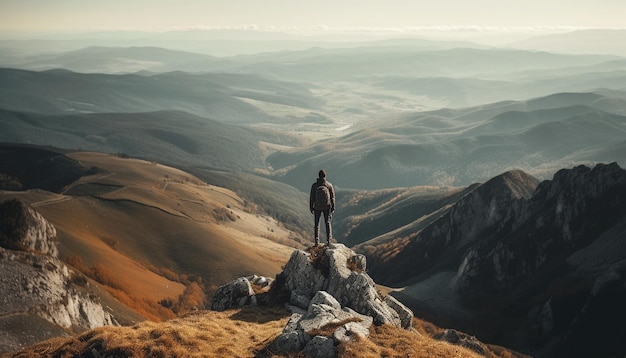 Una persona in piedi sul successo della vetta della montagna generato dall'intelligenza artificiale