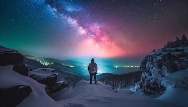 One person standing watching majestic Milky Way generative AI