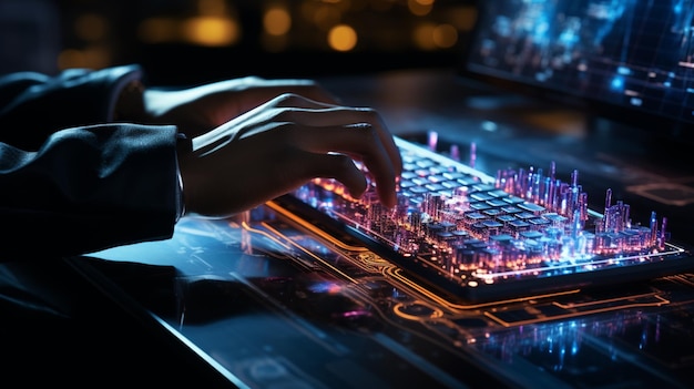 One person typing on futuristic glowing computer