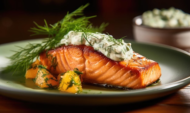 One piece of baked salmon grilled pepper lemon and salt on a brown plate with lettuce leaves