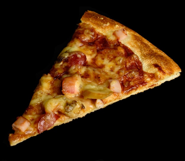 One pieces of Barbeque pizza on black background.