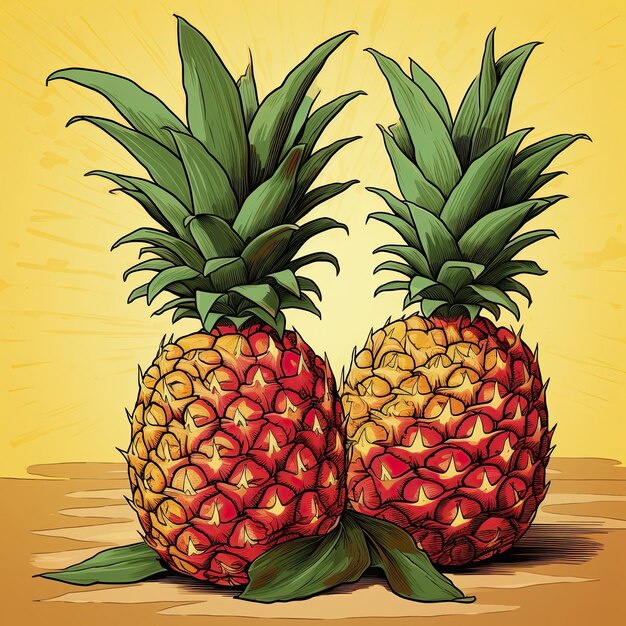 One pineapple rests atop two others on yellow background Generative AI