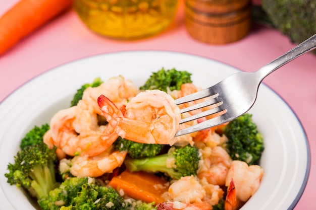 One plate of fried shrimp with broccoli