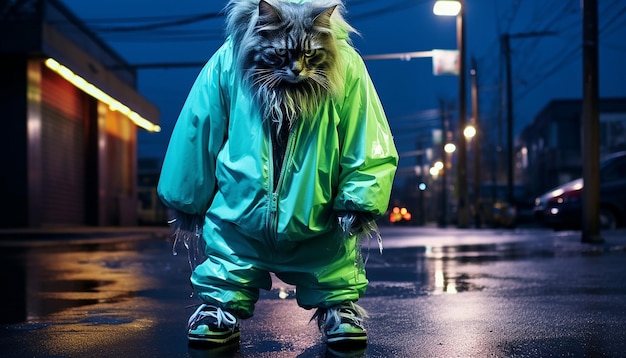사진 플라비디안 고양이 한 마리가 길거리에 서서 얼굴 없는 초광각 파노라마를 촬영하고 있습니다.