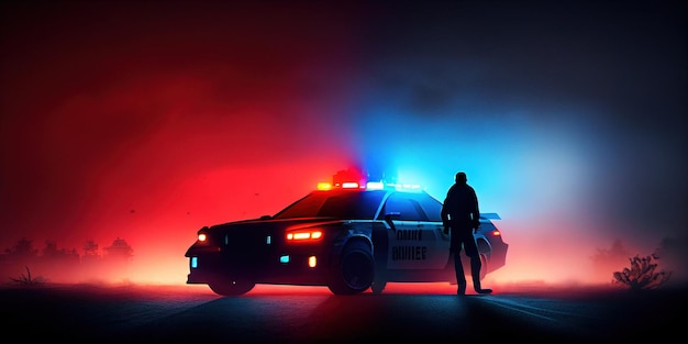 One policeman silhouette on backside Red and blue lights in the fog Generative AI