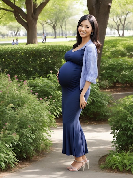 Фото Одна беременная женщина позирует в парке.