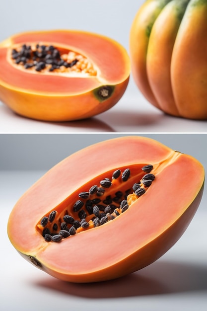 One of the real Papaya isolated on white paper background