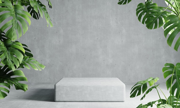 One rectangle podium in grey loft color background with Monstera plant foreground Abstract wallpaper template element and architecture interior object concept3D illustration rendering